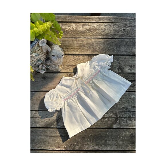 Vtg 50s Hand Smocked Infant Dress White Pink Blue Peter Pan Collar Short Puff Sl - Picture 2 of 5